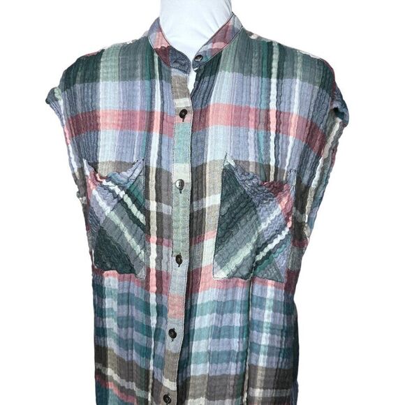 Anthro Holding Horses shirt dress gauze Small plaid button down - Picture 3 of 8